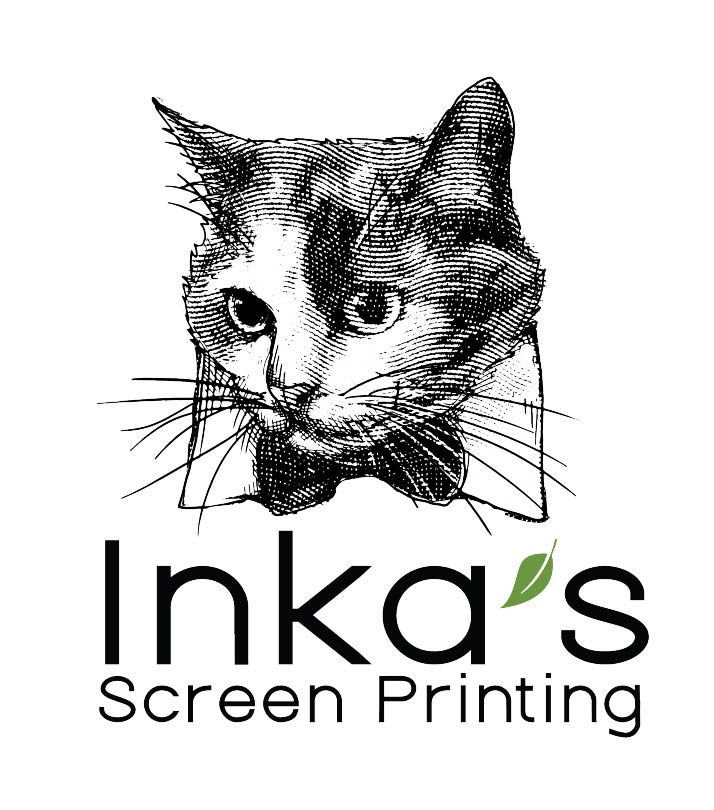 A cat in a bowtie above the text Inka's Screen Printing