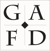 Square Black and white logo. A diamond in the middle with a intersecting lines splitting the square into 4 parts. Each section has a letter. Top Left: G, Top Right: A, Bottom Left: F, Bottom Right D.